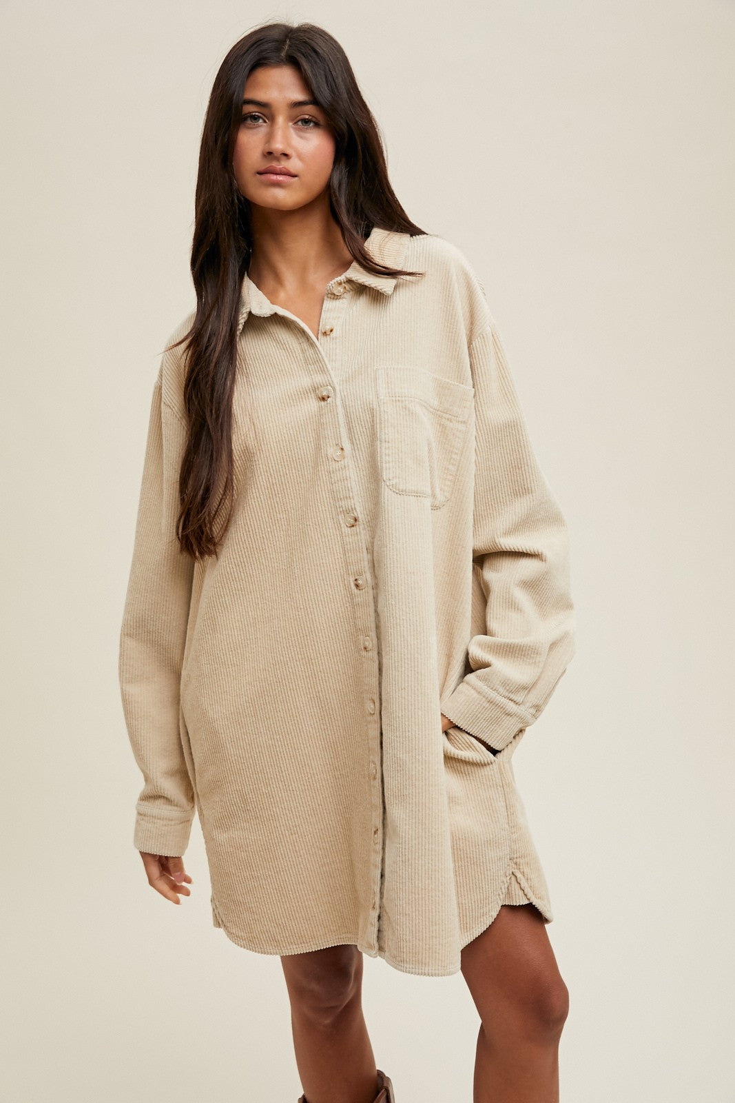Beige Corduroy Maternity Shirt Mini Dress