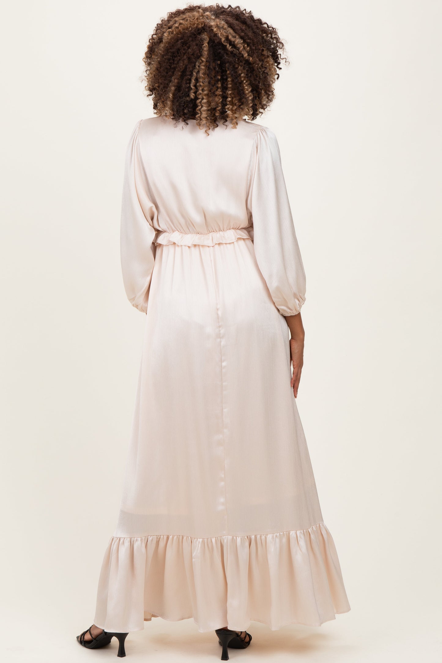 Beige Solid Satin Long Sleeve Open V-Neck Ruffle Waist Tiered Maternity Maxi Dress
