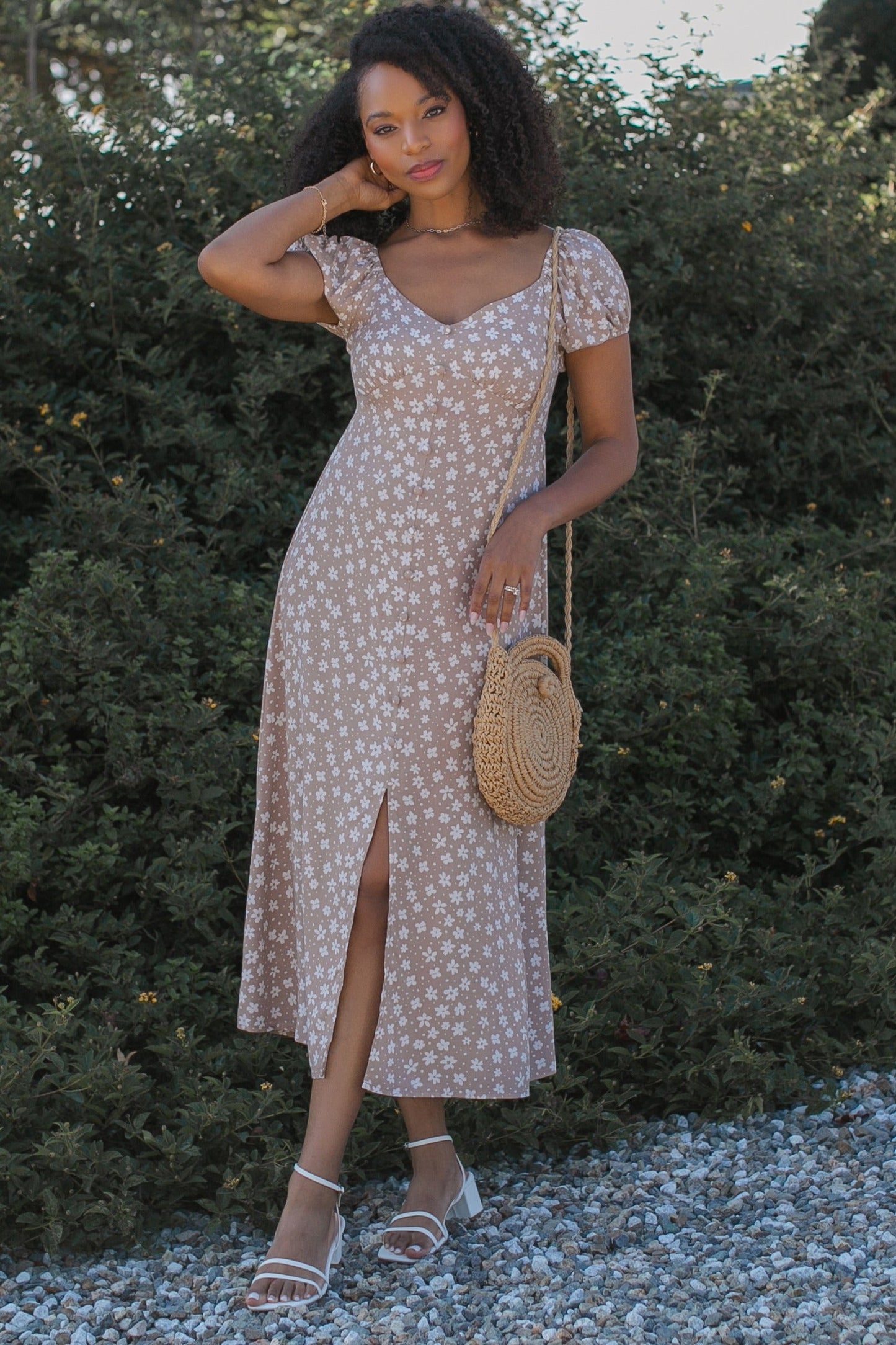 Beige Floral V-Neck Button Detail Maternity Midi Dress