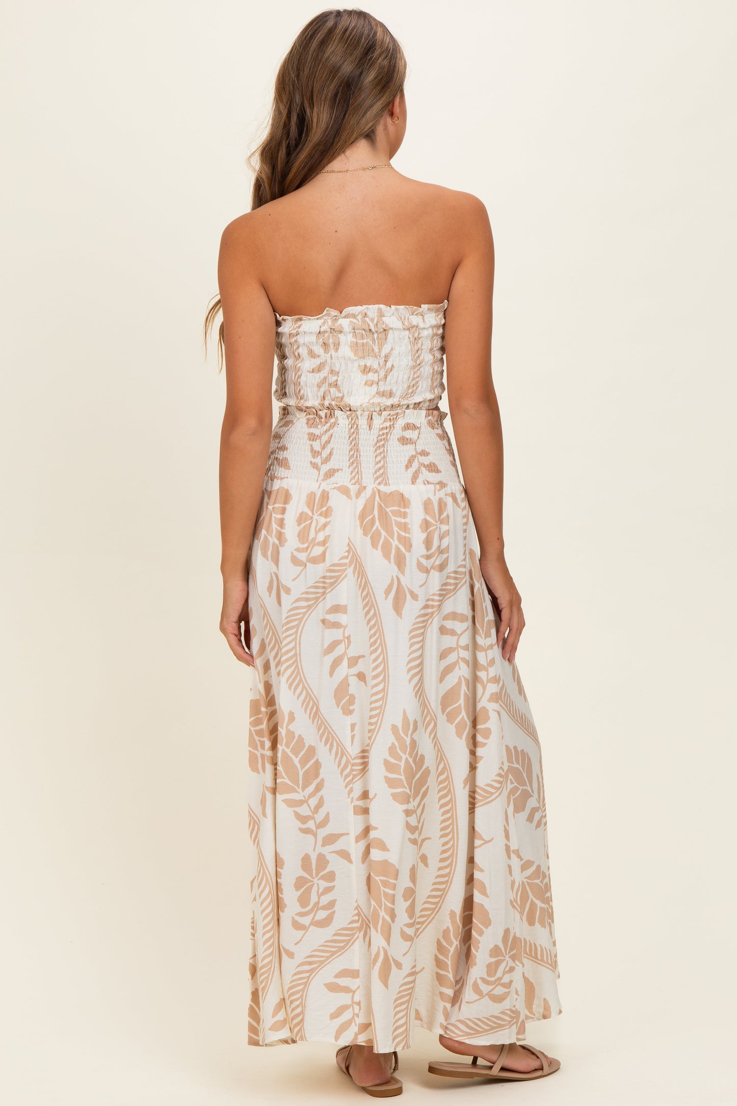 Beige Leaf Print Smocked Crop Top Maxi Skirt Set