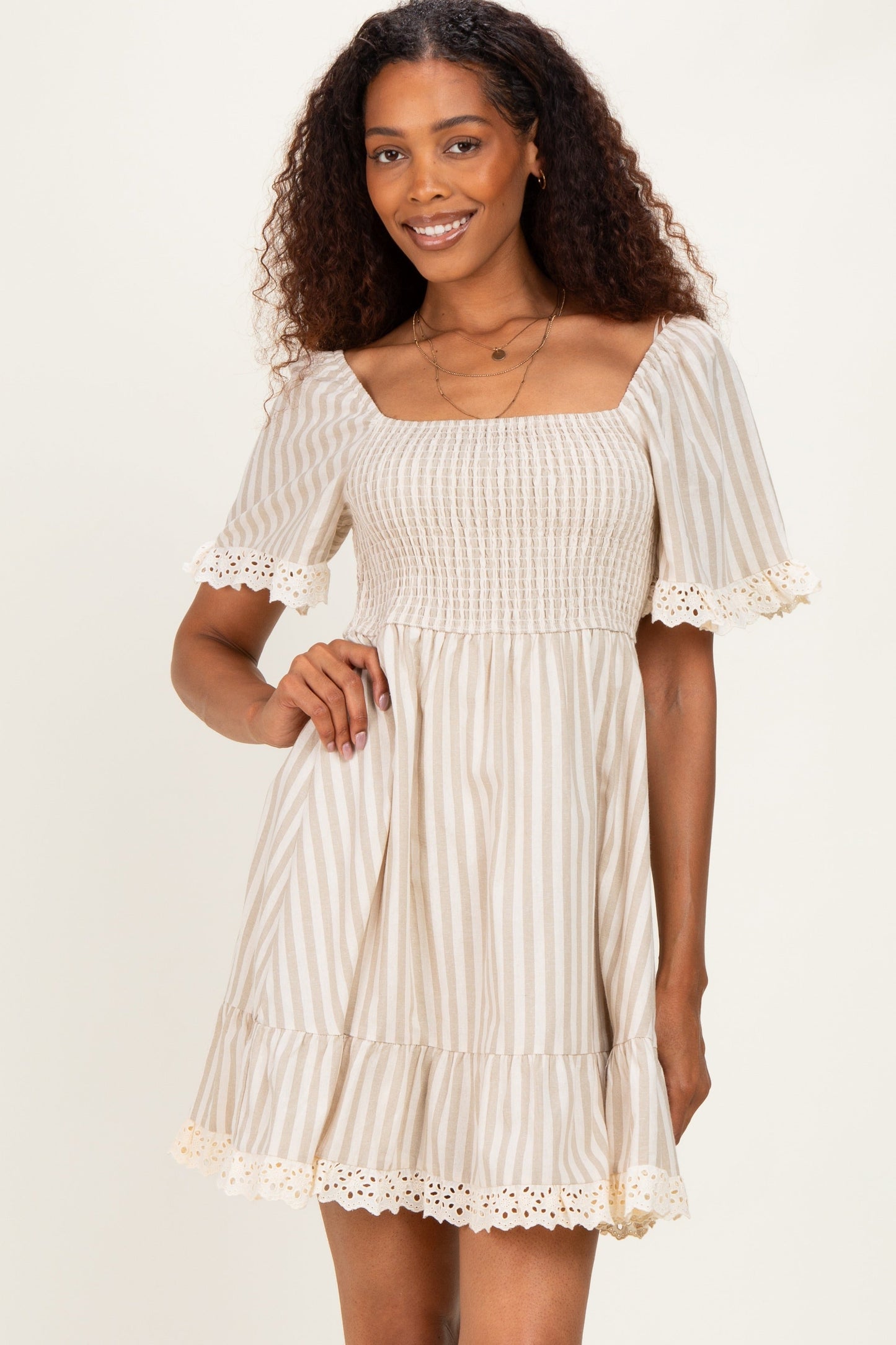 Beige Striped Smocked Lace Trim Maternity Dress