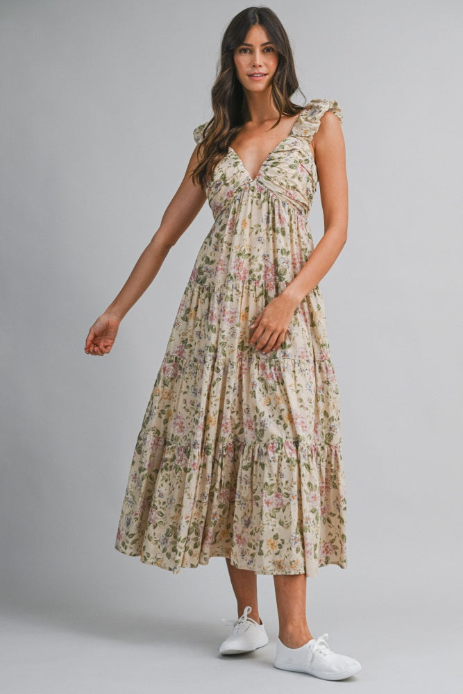 Beige Floral V-Neck Tiered Maternity Midi Dress