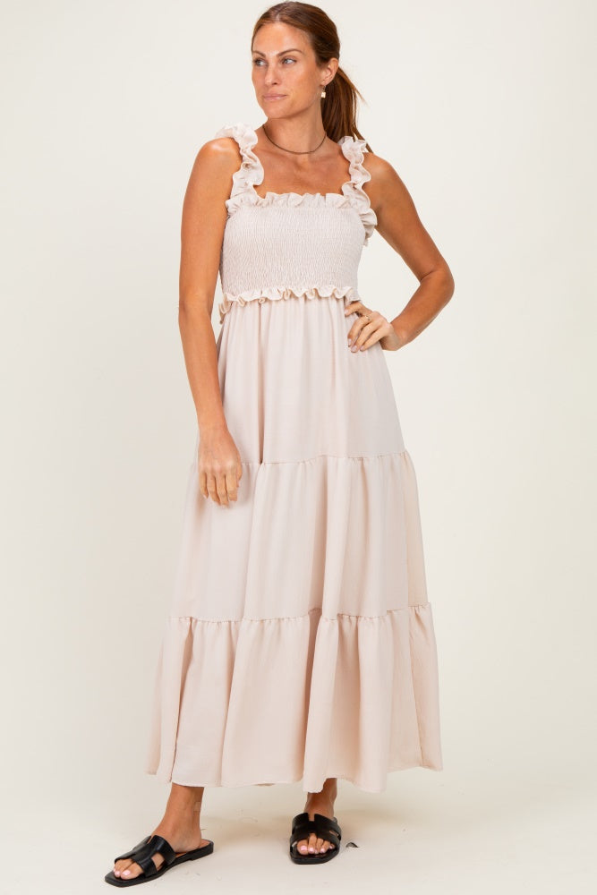 Beige Sleeveless Smocked Tiered Maxi Dress