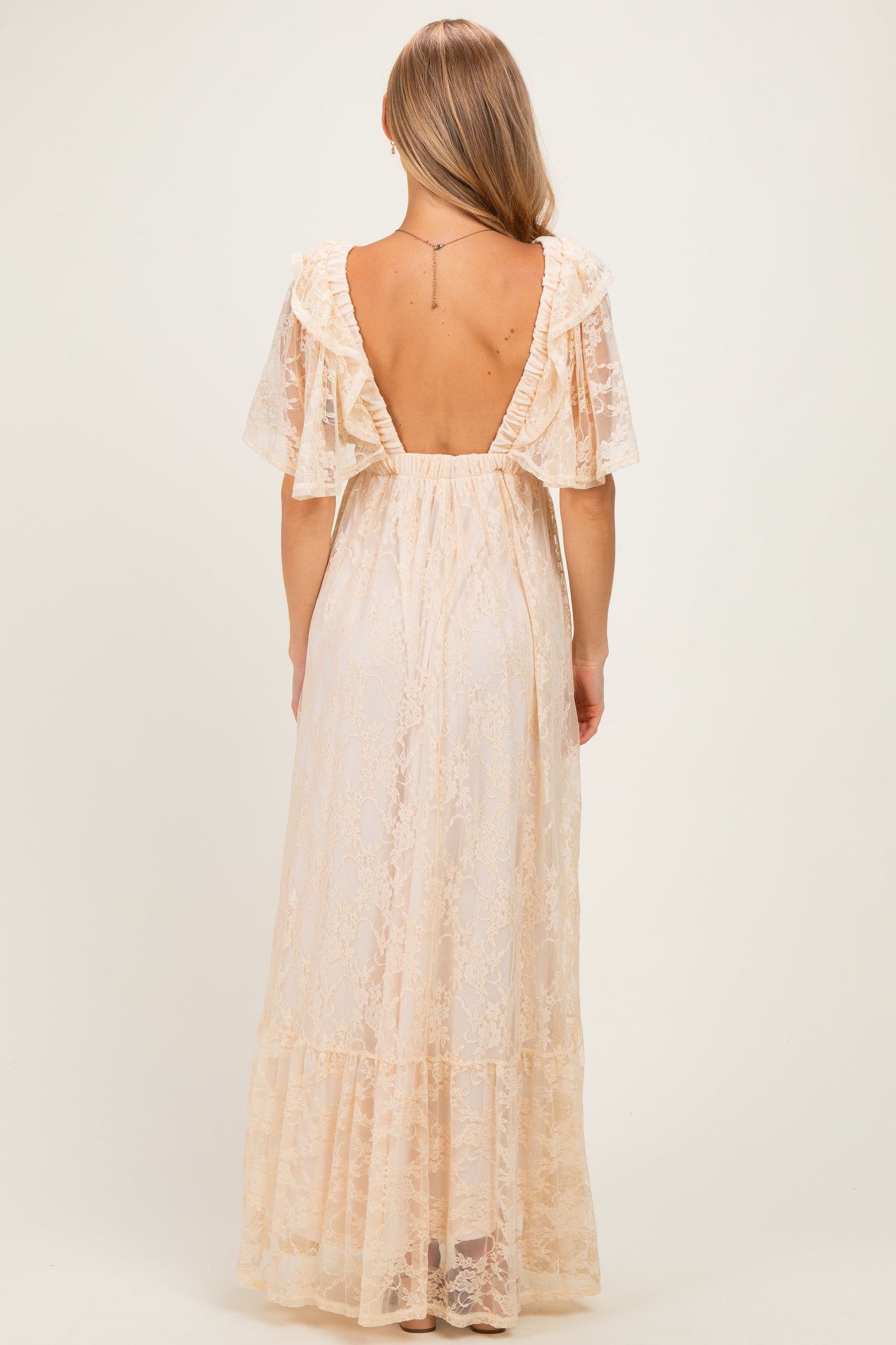 Beige Lace Flutter Sleeve Tiered Maxi Dress