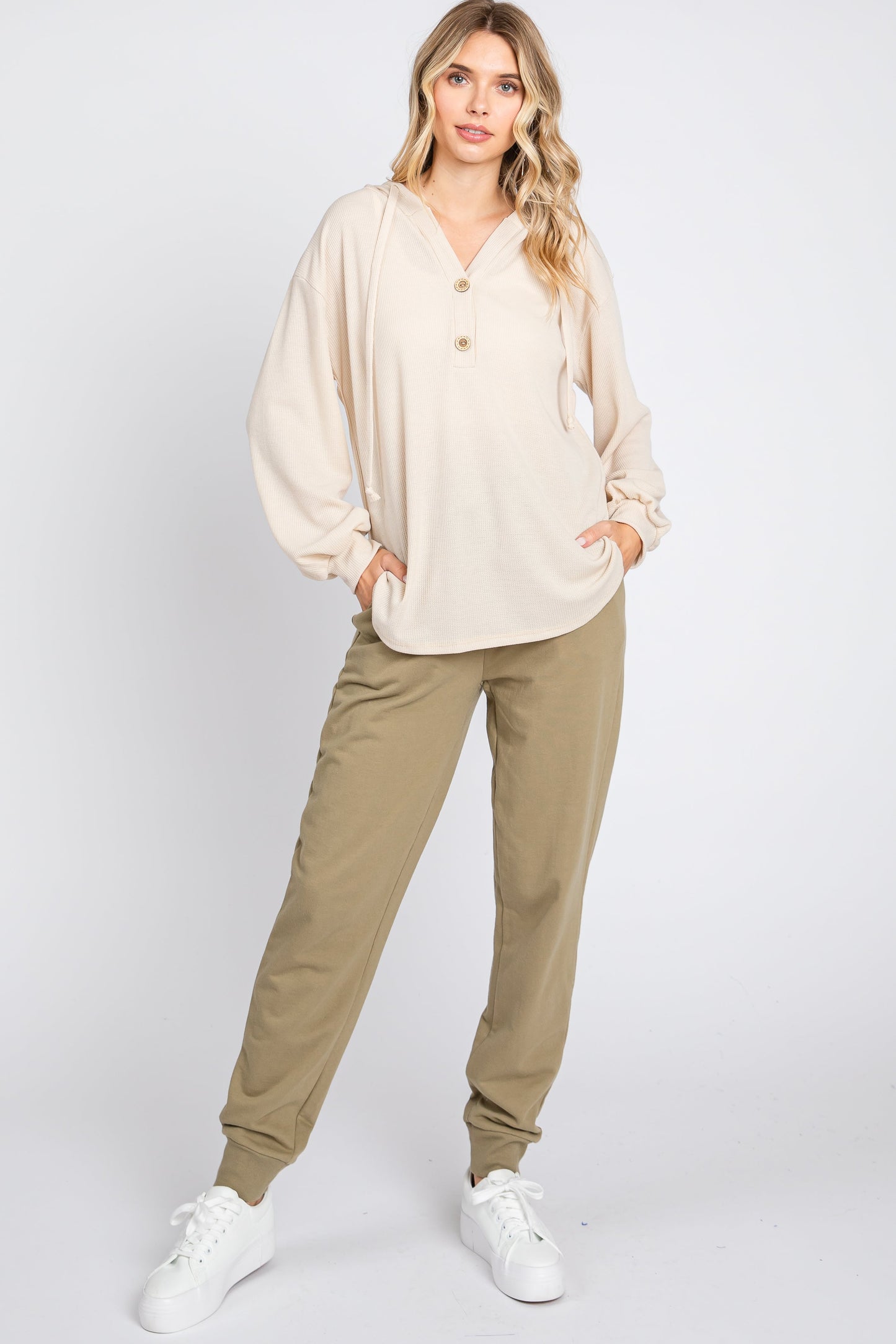 Beige Button Accent Hooded Henley Top