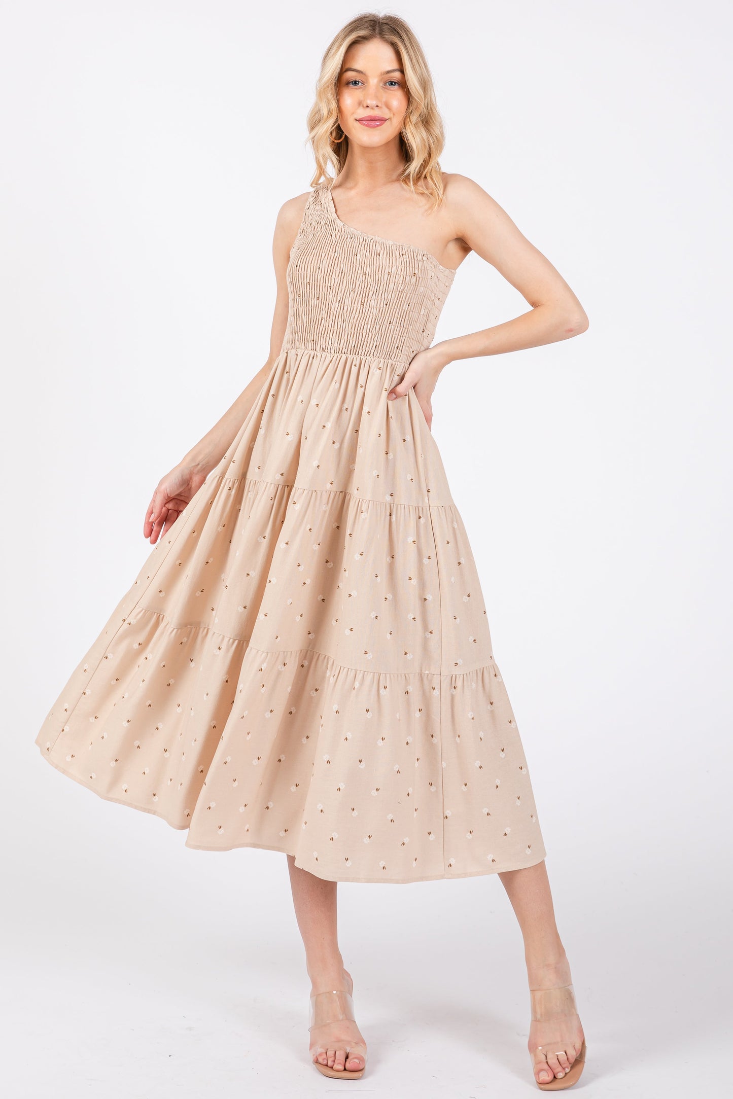 Beige Floral Linen Smocked One Shoulder Tiered Maternity Midi Dress