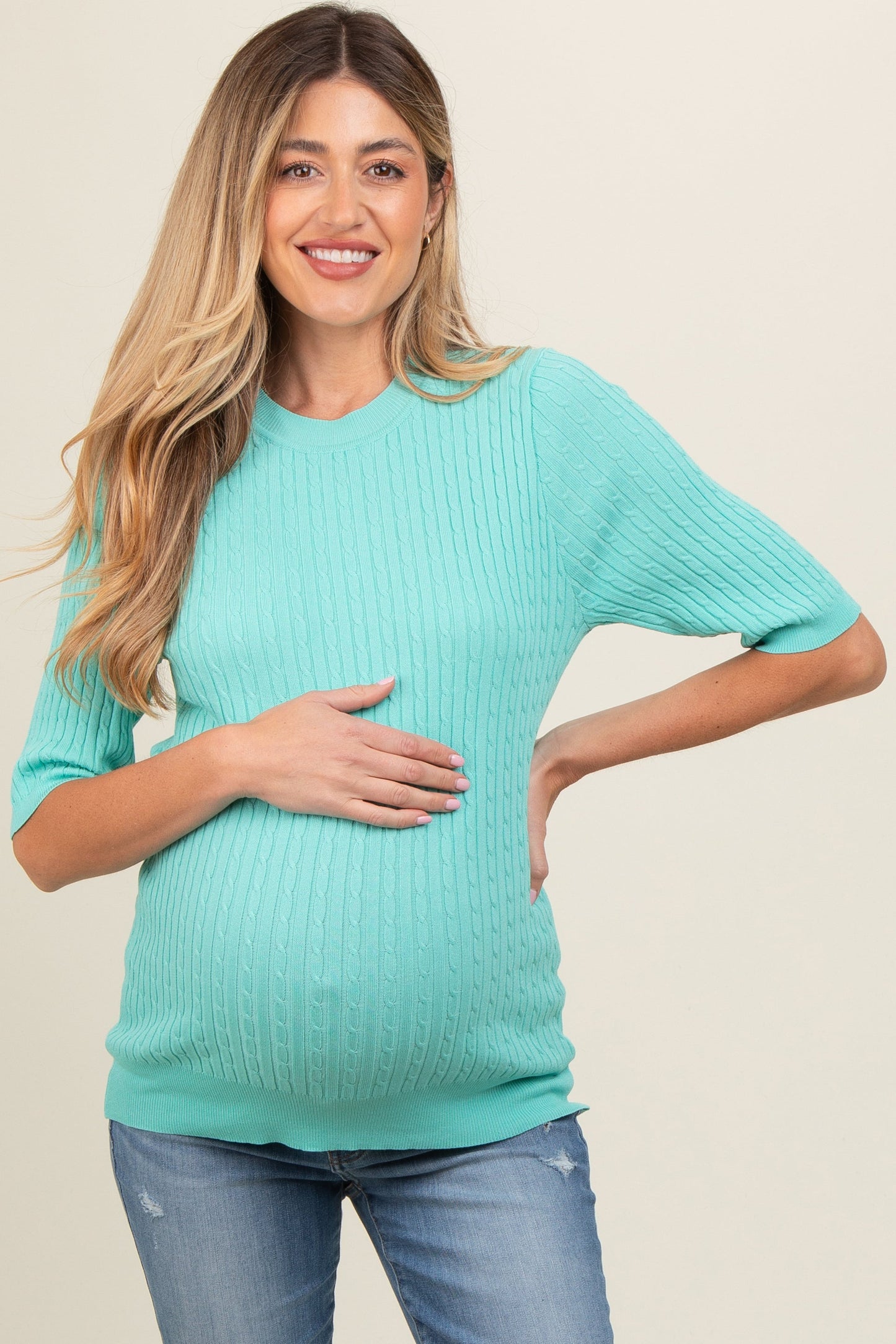Aqua Cable Knit Maternity Short Sleeve Top