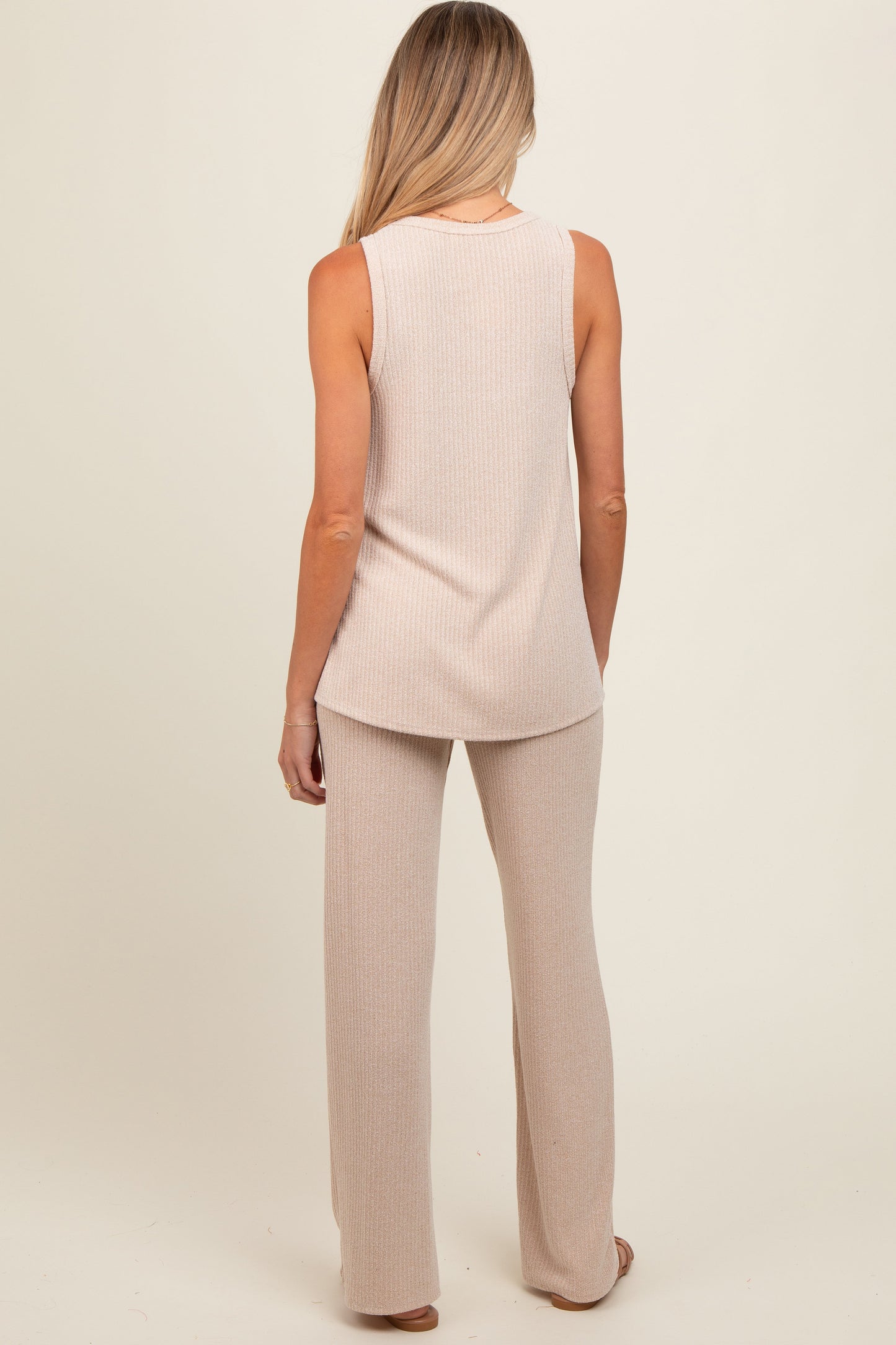 Beige Rib Knit Tank and Pant Maternity Set