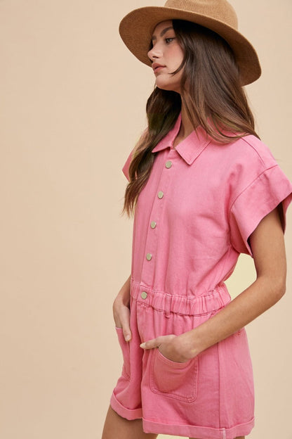 Aurora Pink Mineral Washed Elastic Waistband Pockets Romper