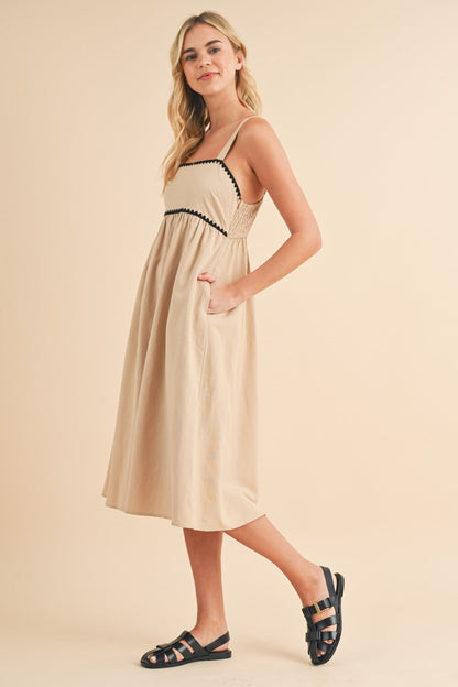 Beige Contrast Trim Midi Dress