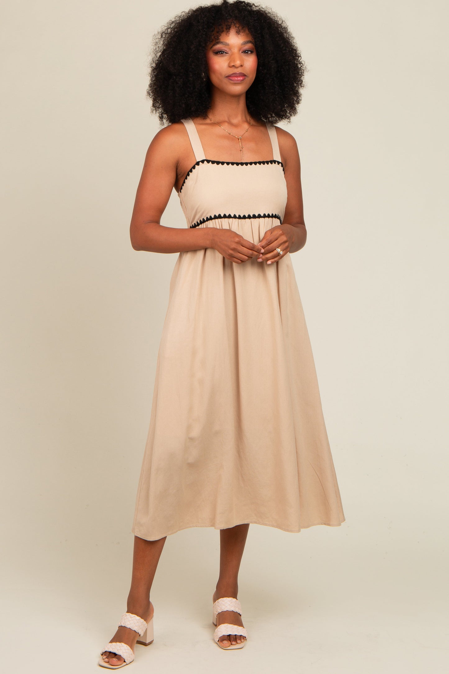 Beige Contrast Trim Midi Dress