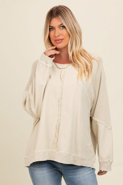 Beige Mixed Knit Raw Hem Maternity Pullover Top