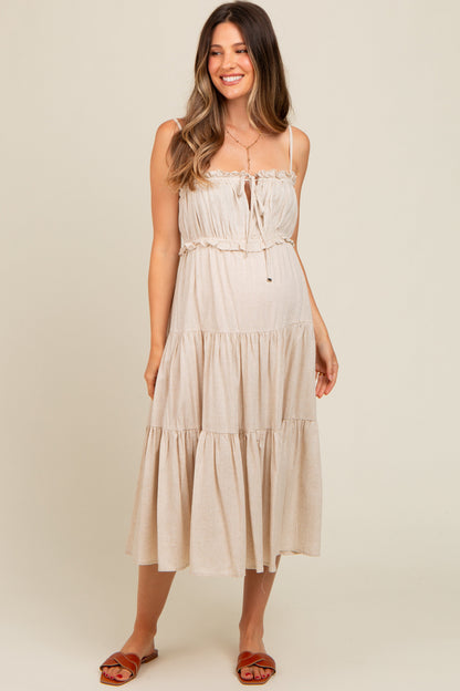 Beige Front Tie Cutout Tiered Maternity Midi Dress