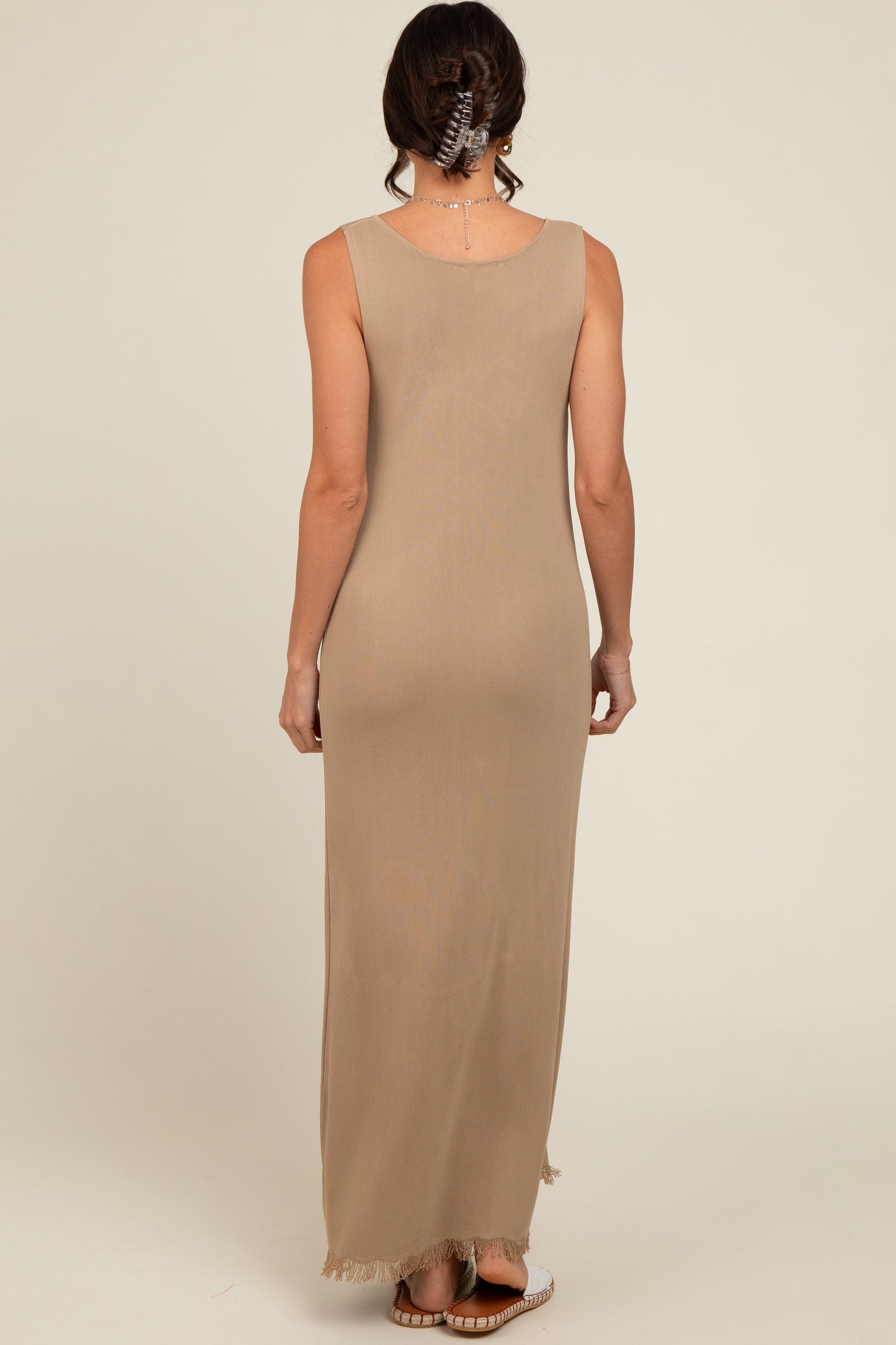 Beige Knit Fringe Midi Dress