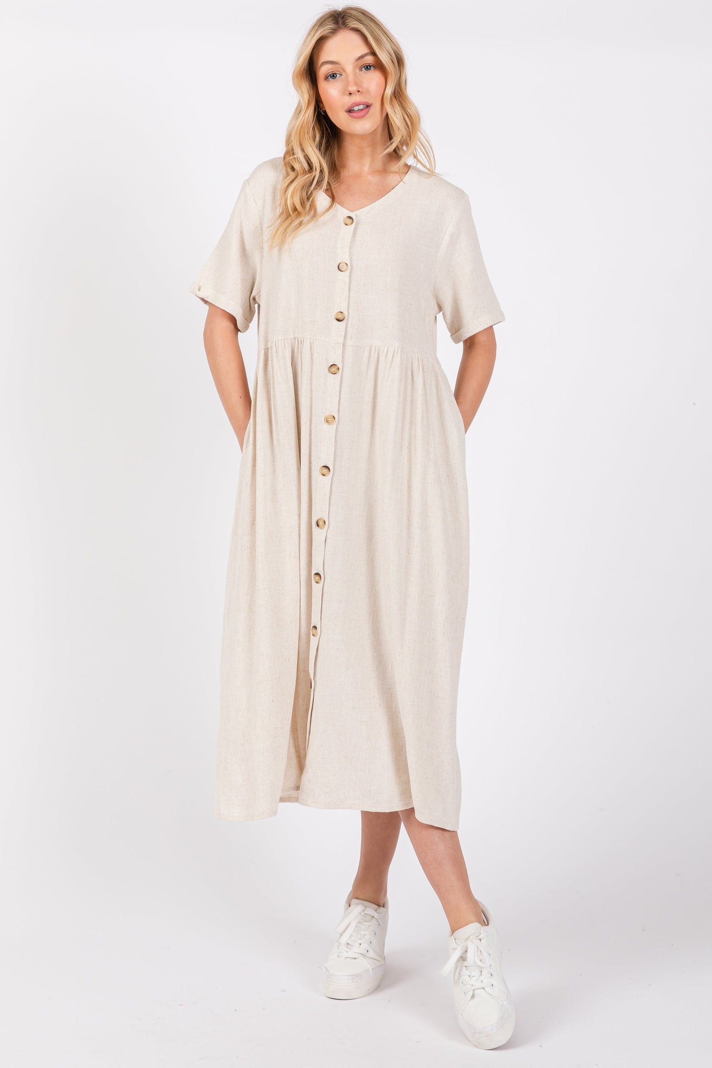 Beige Button Down Midi Dress