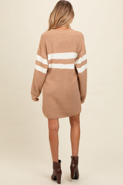 Beige Relaxed Fit Striped Mini Maternity Sweater Dress