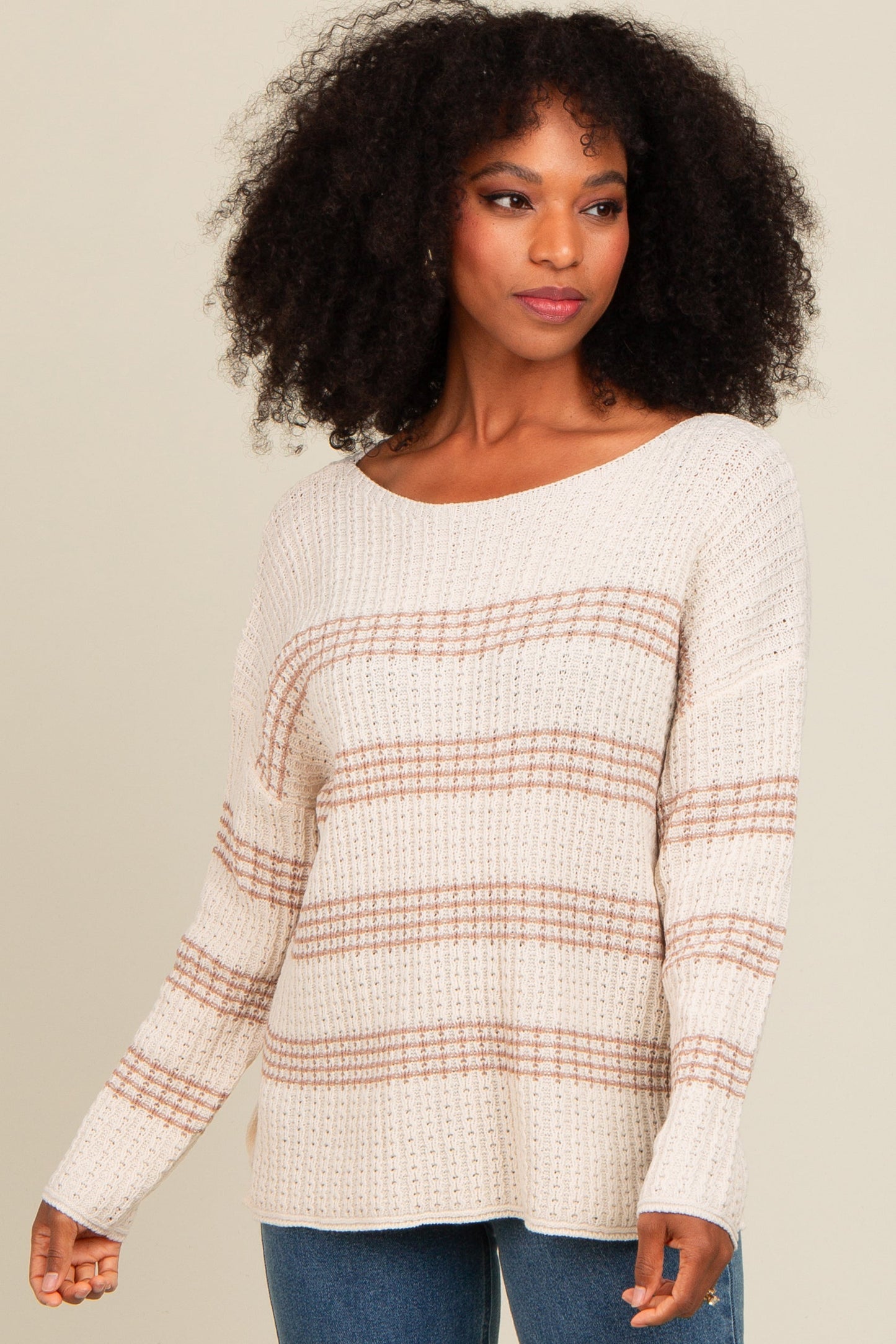 Beige Striped Waffle Knit Sweater