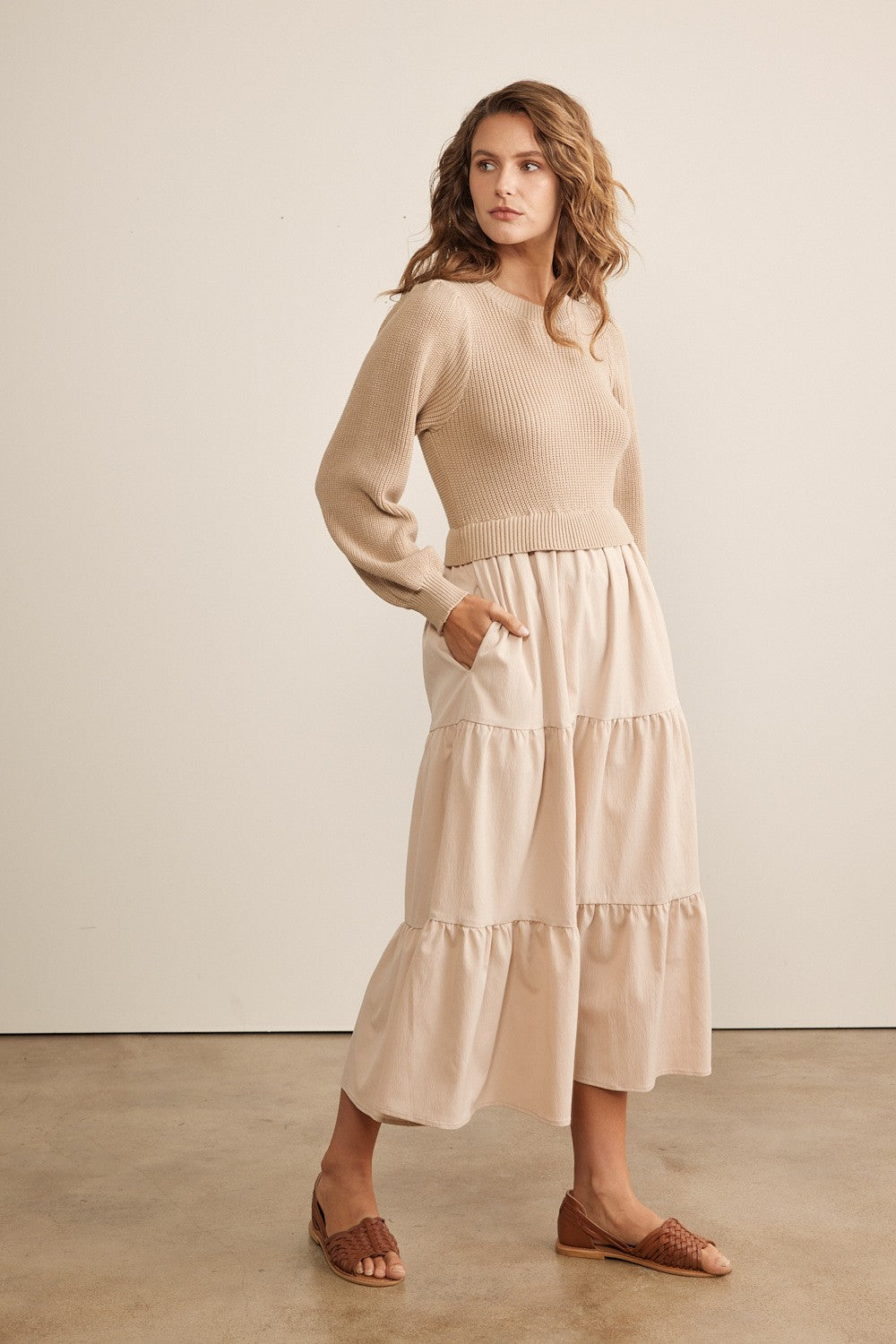 Beige Sweater Top Tiered Midi Dress