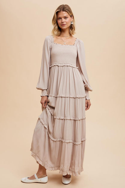 Beige Smocked Long Sleeve Ruffle Tiered Maternity Maxi Dress