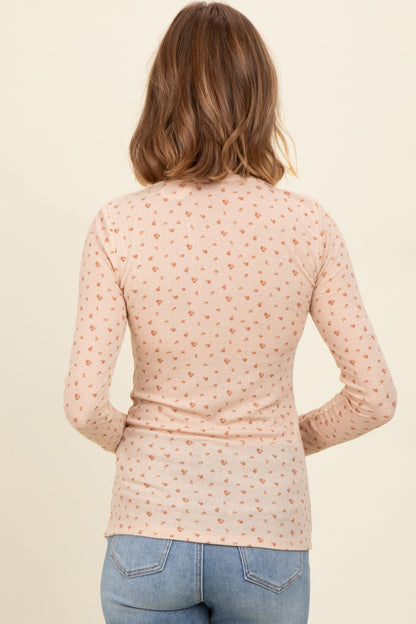 Beige Floral Bow Detail Long Sleeve Fitted Top