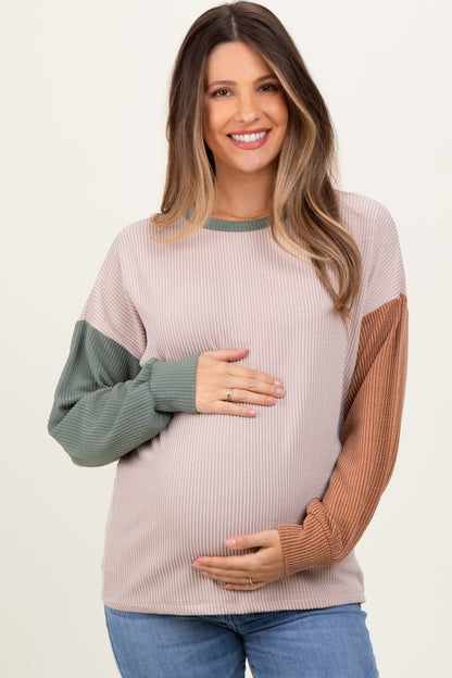 Beige Ribbed Colorblock Sleeve Maternity Long Sleeve Top