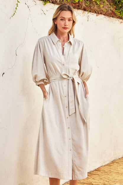 Beige 3/4 Bubble Sleeve Midi Shirt Dress
