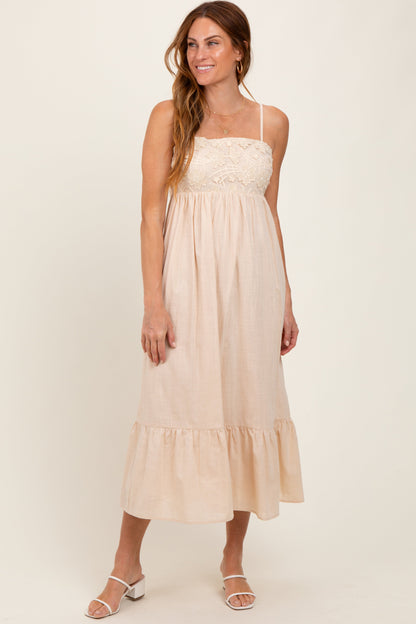 Beige Floral Embroidery Back Ribbon Midi Dress
