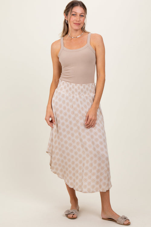 Beige Damask Print Smocked Waistband Midi Skirt
