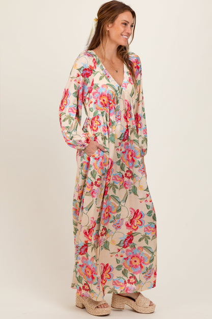 Beige Floral V-Neck Long Sleeve Maxi Dress