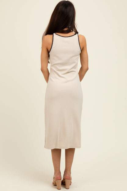 Beige Ribbed Knit Embroidered Midi Dress