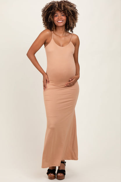 Beige Backless Fishtail Sleeveless Maternity Maxi Dress
