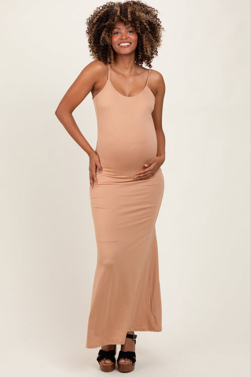 Beige Backless Fishtail Sleeveless Maternity Maxi Dress