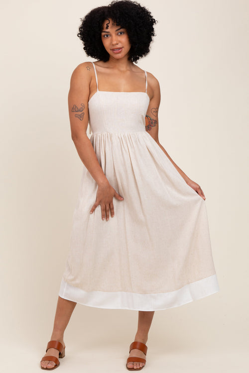 Beige Color Block Back Tie Midi Dress
