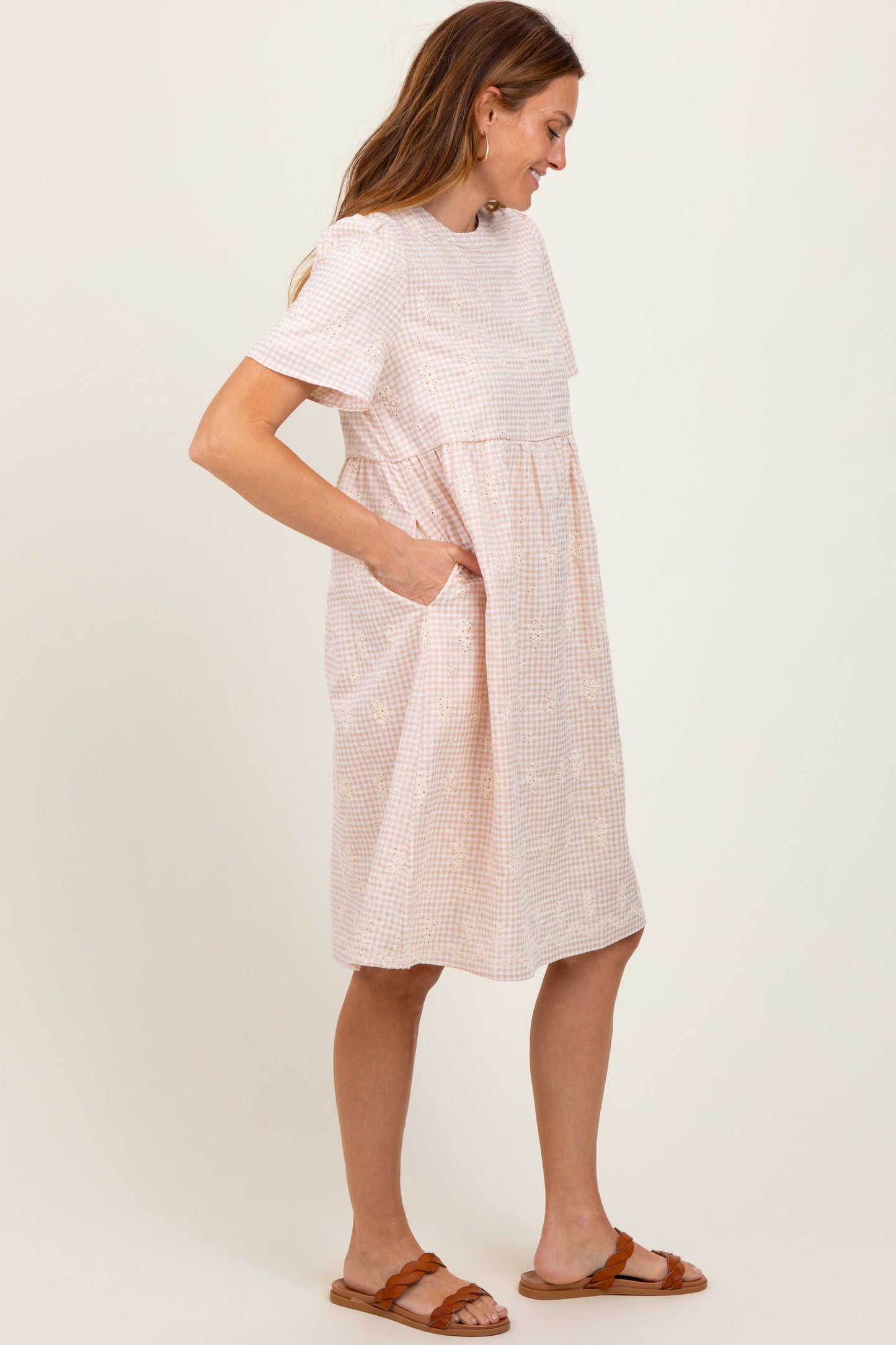 Beige Gingham Short Sleeve Dress