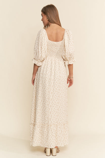 Beige Floral Print Square Neckline Maxi Dress