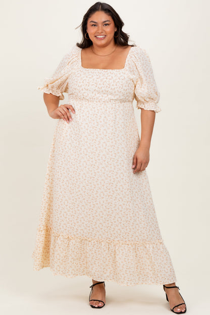 Beige Floral Print Square Neckline Plus Maternity Maxi Dress