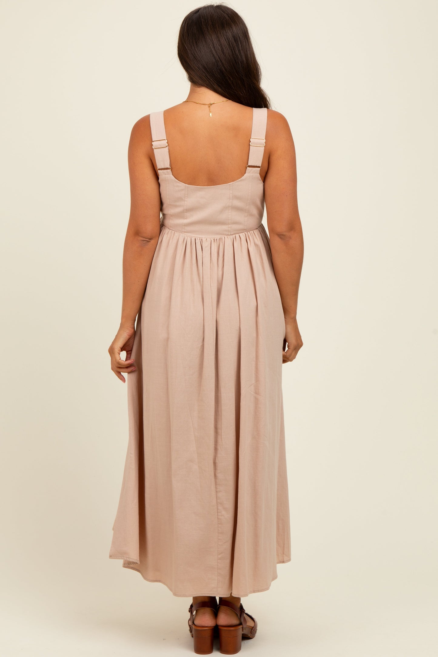 Beige Square Neck Fit And Flare Maternity Midi Dress