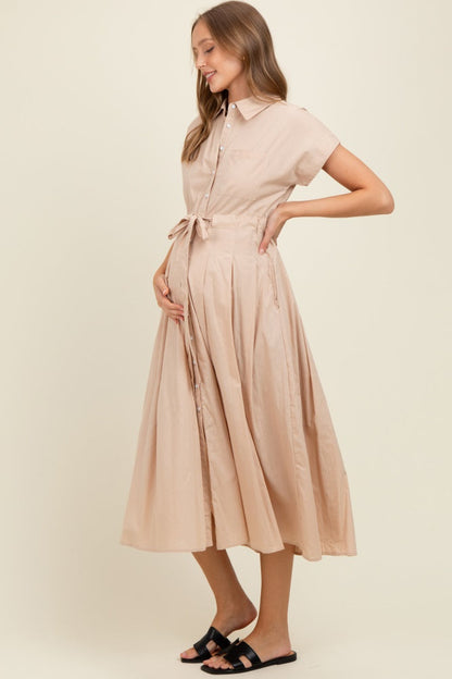 Beige Button Down Shirt Maternity Maxi Dress
