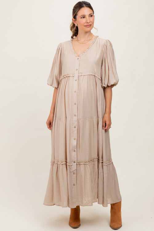 Beige Puff Short Sleeve Crepe Tiered Maternity Maxi Dress