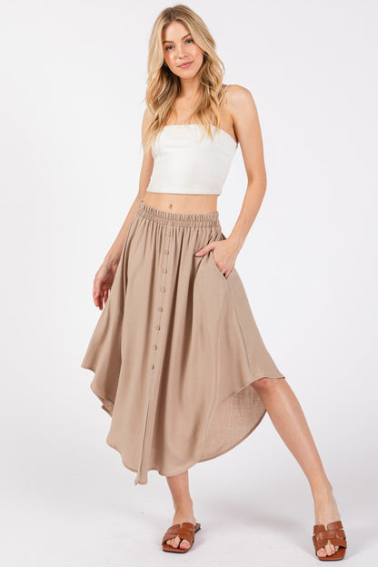 Beige Button Accent Round Hem Midi Skirt