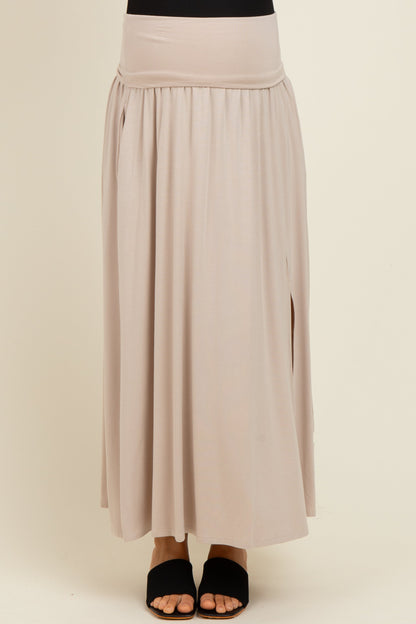 Beige Foldover Waist Side Slit Maternity Maxi Skirt