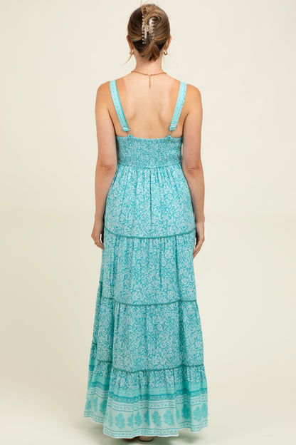 Aqua Border Print Sleeveless Maternity Maxi Dress