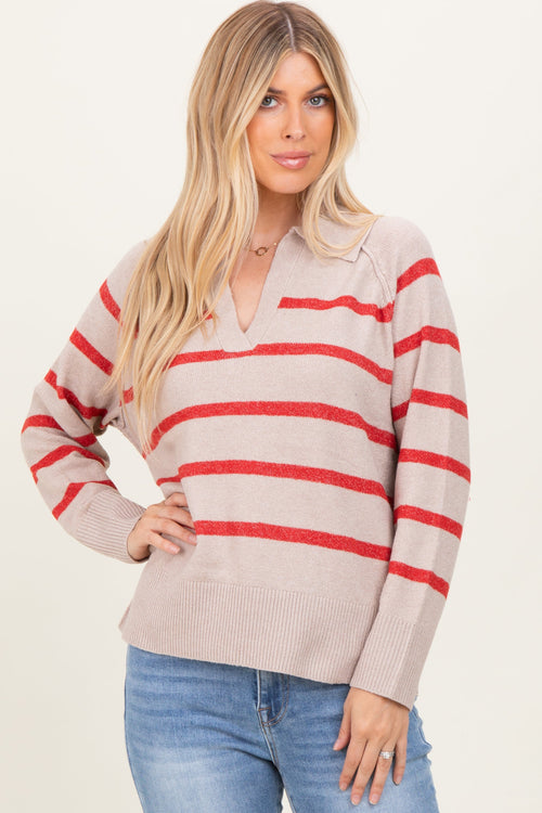Beige Striped Oversized Polo Sweater