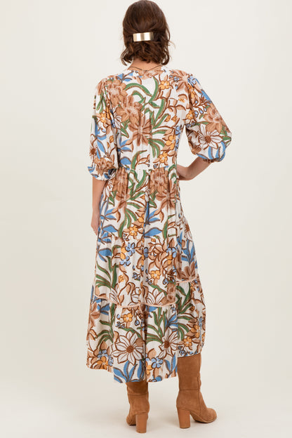 Beige Floral Tiered Short Sleeve Midi Dress
