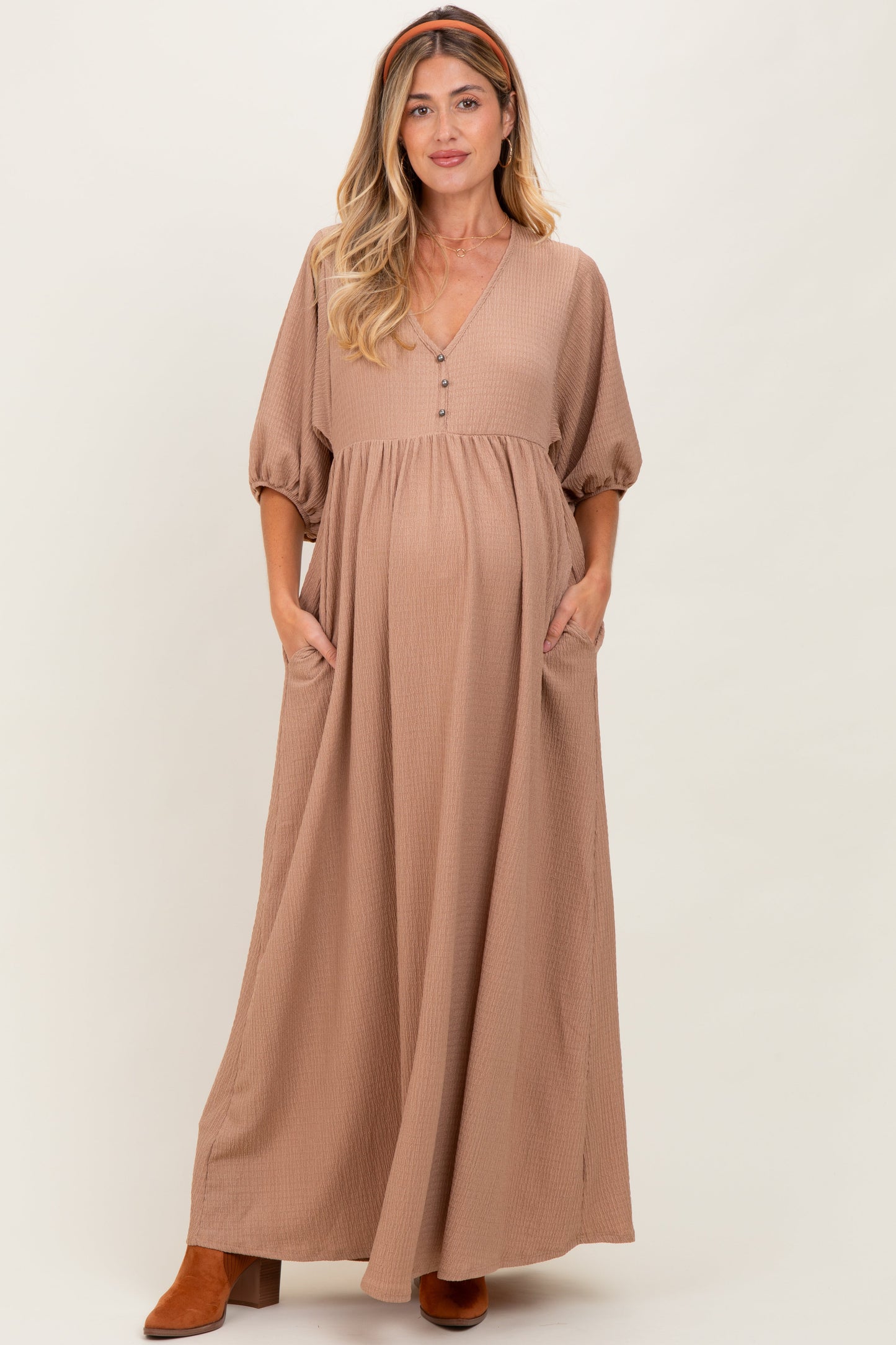 Beige Solid Woven 3/4 Sleeve V-Neck Button Down Maternity Maxi Dress
