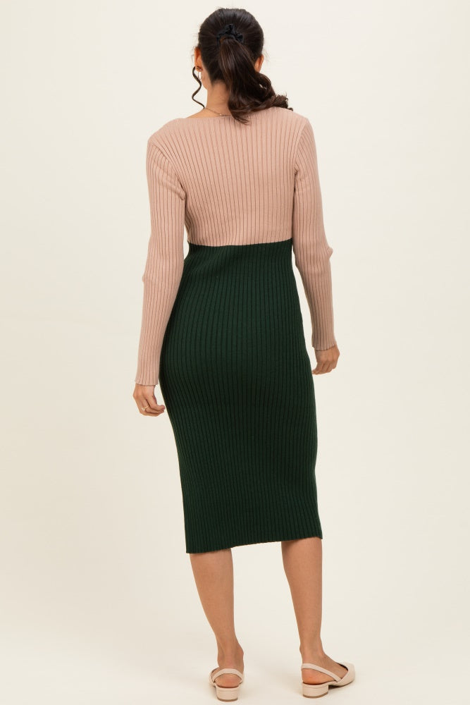 Beige Knit Colorblock Long Sleeve Midi Dress