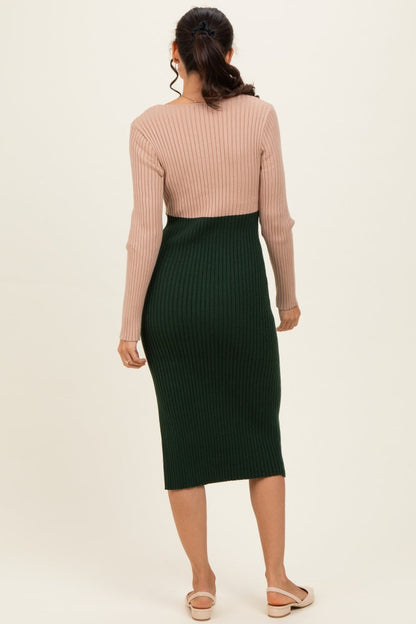 Beige Knit Colorblock Long Sleeve Midi Dress