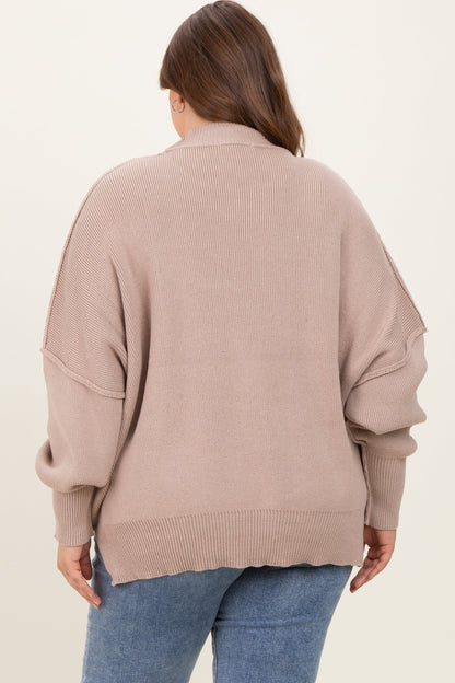 Beige Mock Neck Exposed Seam Maternity Sweater