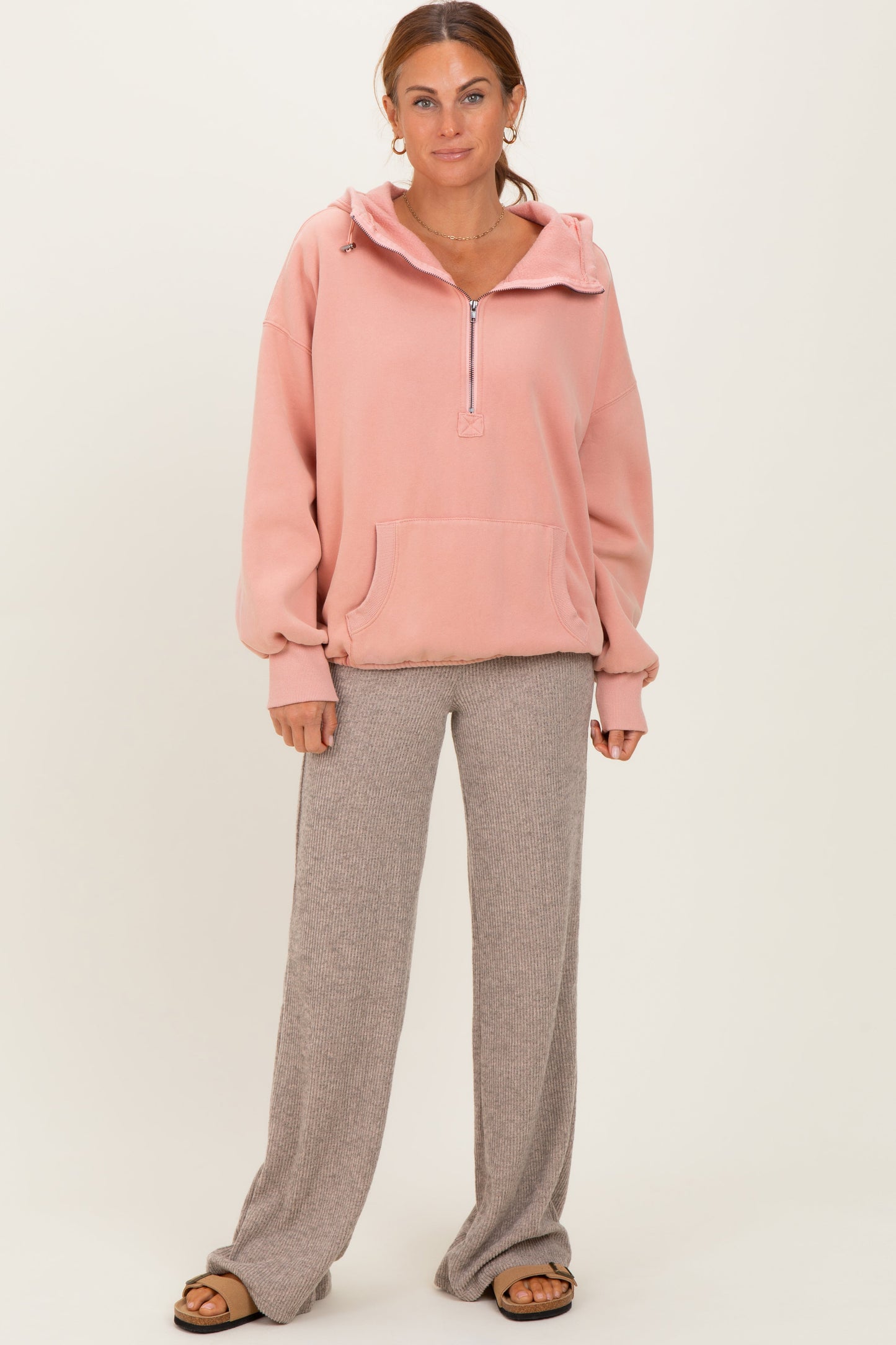 Beige Brushed Knit Flare Leg Pants