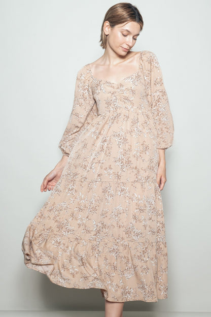 Beige Antique Floral Neck Maxi Dress